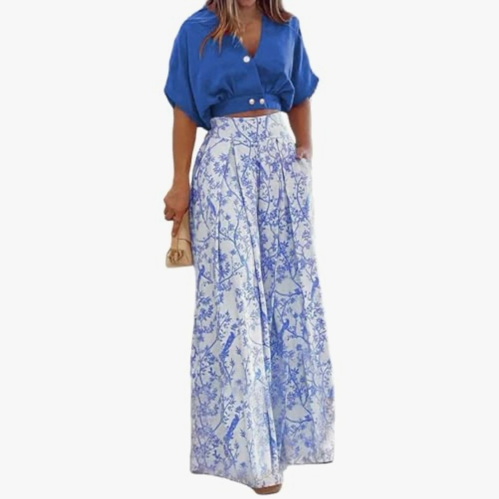 Blue Crop Top and Floral Wide-Leg Pant Set